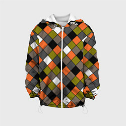 Куртка с капюшоном детская Геометрический узор в коричнево-оливковых тонах, цвет: 3D-белый
