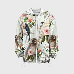 Куртка с капюшоном детская Цветы Нарисованные Магнолии и Птицы, цвет: 3D-белый