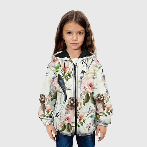 Детская куртка Цветы Нарисованные Магнолии и Птицы / 3D-Черный – фото 3