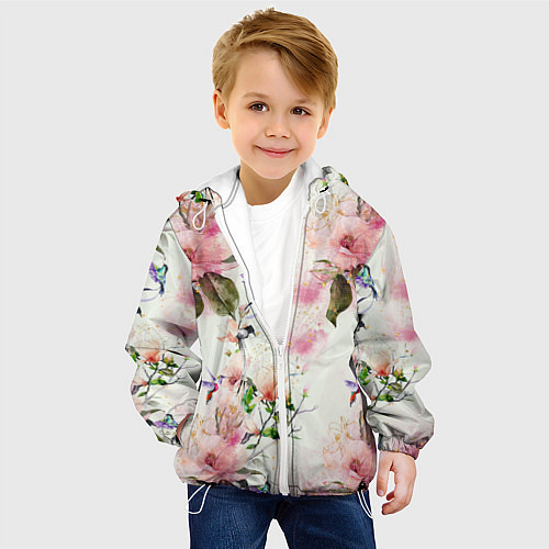 Детская куртка Цветы Нарисованные Магнолии и Разноцветные Птицы / 3D-Белый – фото 4