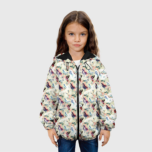 Детская куртка Белые, синие бабочки на светлом пятнистом фоне / 3D-Черный – фото 3