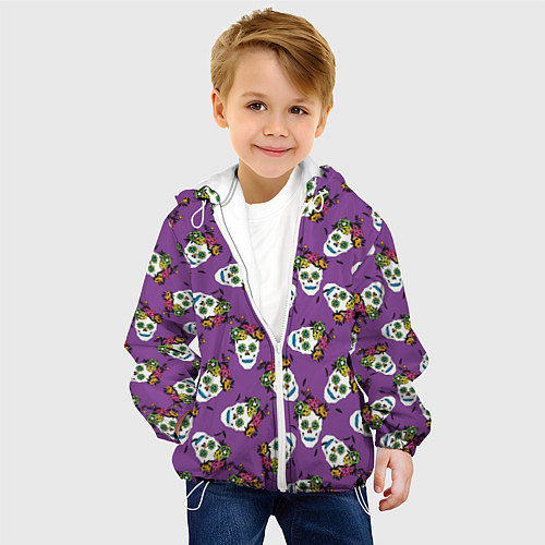 Детская куртка Сахарные черепа на фиолетовом паттерн / 3D-Белый – фото 4