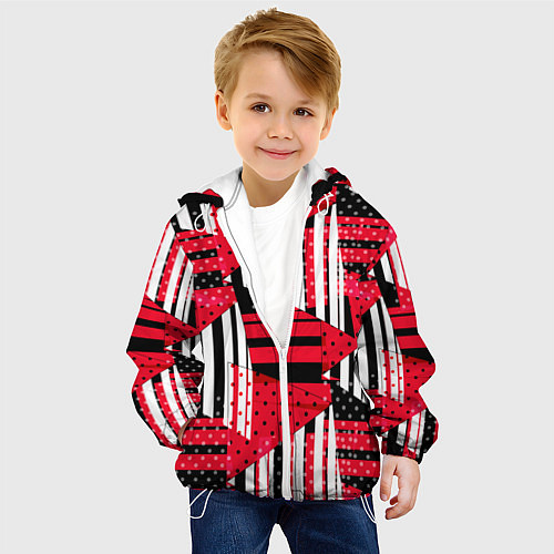Детская куртка Красный, черный и белый горошек и полоска, пэчворк / 3D-Белый – фото 4