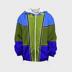 Куртка с капюшоном детская Зелено- синий геометрический дизайн, цвет: 3D-белый