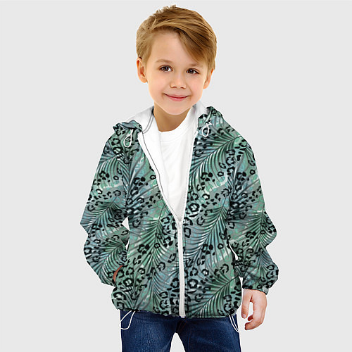 Детская куртка Листья пальмы на леопардовом серо - зеленом фоне / 3D-Белый – фото 4