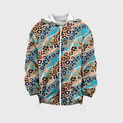 Куртка с капюшоном детская Леопардовый узор на синих, бежевых диагональных по, цвет: 3D-белый