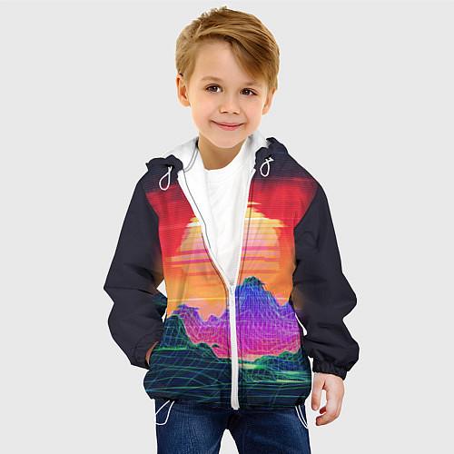 Детская куртка Синтвейв неоновые горы на закате / 3D-Белый – фото 4
