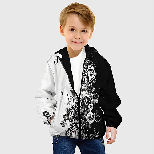 Детская куртка Черно-белая птица среди узорчатых цветов / 3D-Черный – фото 4