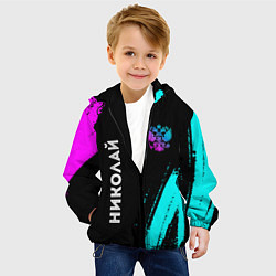 Куртка с капюшоном детская Николай и неоновый герб России: надпись, символ, цвет: 3D-черный — фото 2
