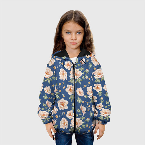 Детская куртка Розовые пионы на синем фоне / 3D-Черный – фото 3