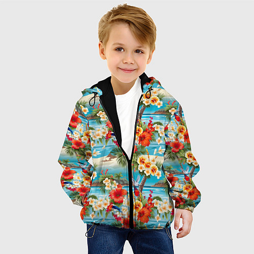 Детская куртка Светлый гавайский фон и цветы / 3D-Черный – фото 4