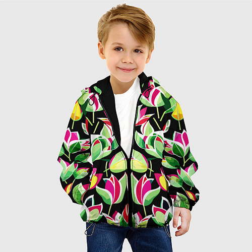 Детская куртка Зеркальный паттерн из тюльпанов - мода / 3D-Черный – фото 4