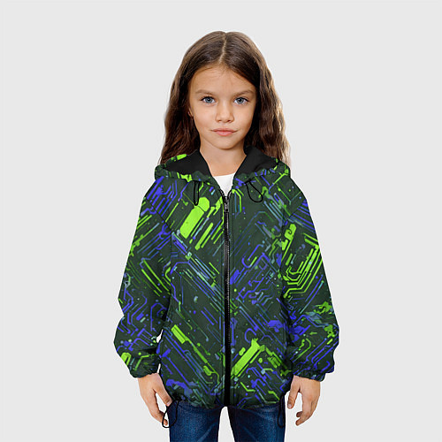 Детская куртка Киберпанк линии зелёные и синие / 3D-Черный – фото 3
