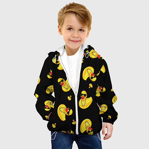 Детская куртка Жёлтая уточка в в темных очках и цепочке на черном / 3D-Белый – фото 4