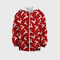 Куртка с капюшоном детская Красный паттерн с новогодними оленями, цвет: 3D-белый