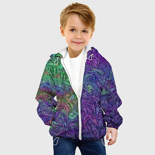 Детская куртка Вьющийся узор фиолетовый и зелёный / 3D-Белый – фото 4