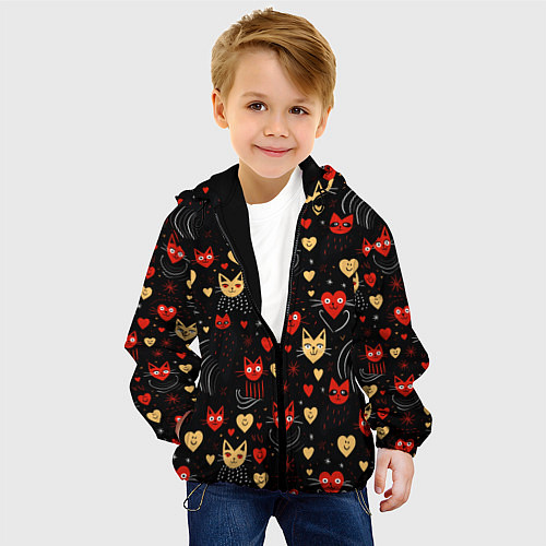 Детская куртка Паттерн с сердечками и котами валентинка / 3D-Черный – фото 4