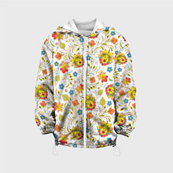 Куртка с капюшоном детская Хохломская роспись разноцветные цветы на белом фон, цвет: 3D-белый