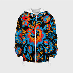 Куртка с капюшоном детская Хохломская роспись разноцветные цветы на чёроном ф, цвет: 3D-белый