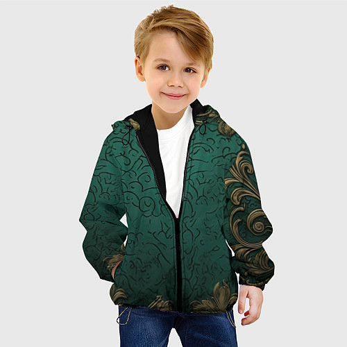 Детская куртка Узоры золотые на зеленом фоне / 3D-Черный – фото 4