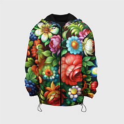 Куртка с капюшоном детская Жостово роспись цветы традиционный узор, цвет: 3D-черный