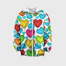 Куртка с капюшоном детская Сердца нарисованные цветными карандашами, цвет: 3D-белый