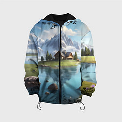 Куртка с капюшоном детская Чудесный день на берегу озера в горах, цвет: 3D-черный