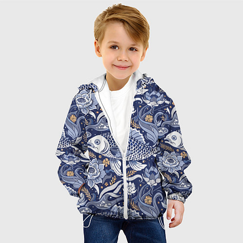 Детская куртка Рыба карп - синий корейский узор / 3D-Белый – фото 4