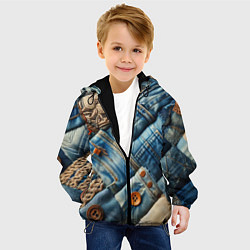 Куртка с капюшоном детская Джинсовый пэчворк с пуговицами - мода, цвет: 3D-черный — фото 2