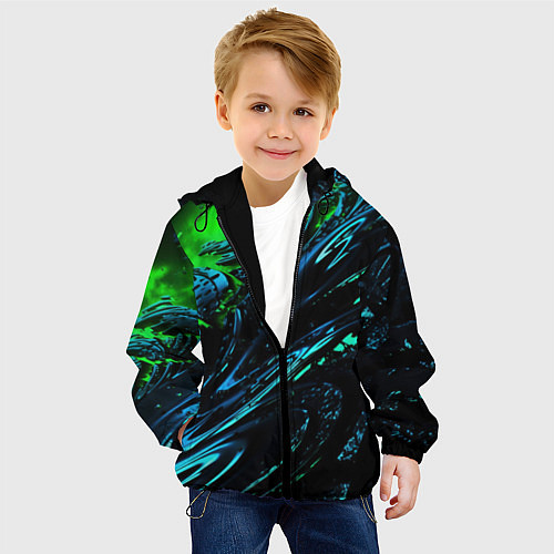 Детская куртка Яркая зеленая краска на темной абстракции / 3D-Черный – фото 4