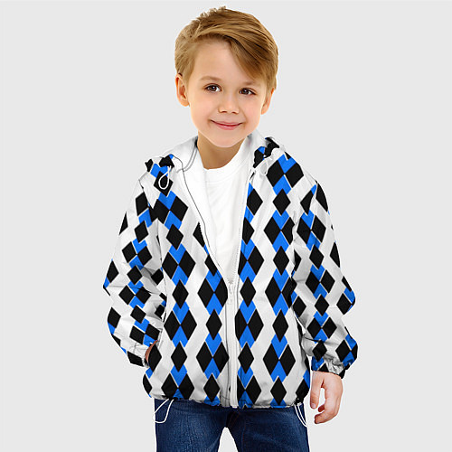 Детская куртка Чёрные и синие ромбы на белом фоне / 3D-Белый – фото 4