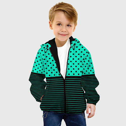 Детская куртка Мятный зелёный в чёрный горошек и полоски / 3D-Черный – фото 4