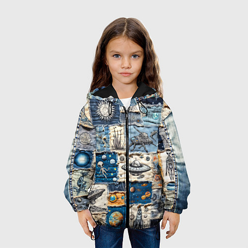 Детская куртка Джинсовый пэчворк с пришельцами / 3D-Черный – фото 3