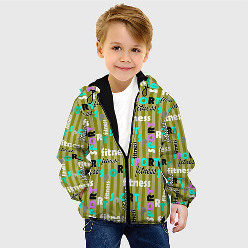 Детская куртка Спорт и фитнес оливковый полосатый узор с текстом / 3D-Черный – фото 4