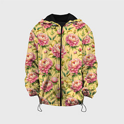Куртка с капюшоном детская Крупные пионы садовые цветы бутоны паттерн, цвет: 3D-черный