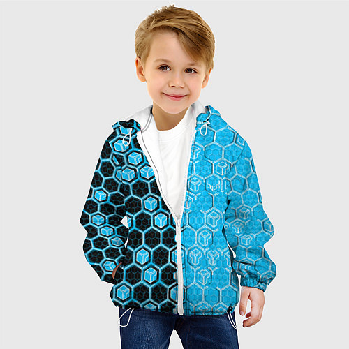 Детская куртка Техно-киберпанк шестиугольники голубой и чёрный / 3D-Белый – фото 4
