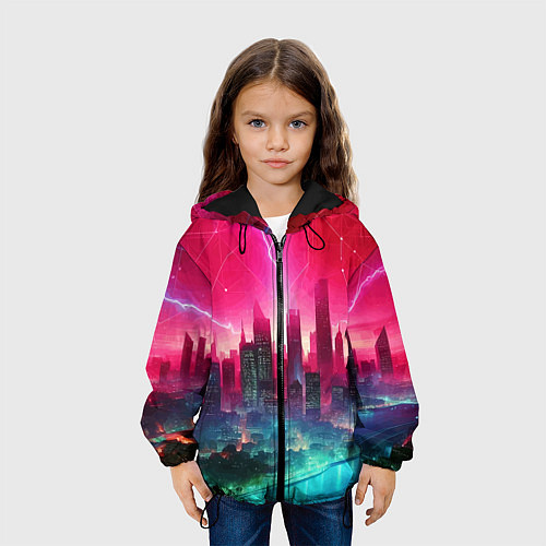 Детская куртка Неоновая гроза в мегаполисе - удар молнии / 3D-Черный – фото 3