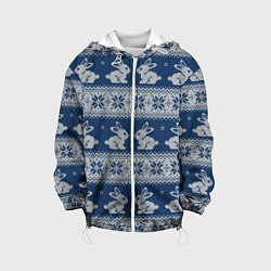 Куртка с капюшоном детская Вязаный зимний узор с милыми зайчатами, цвет: 3D-белый