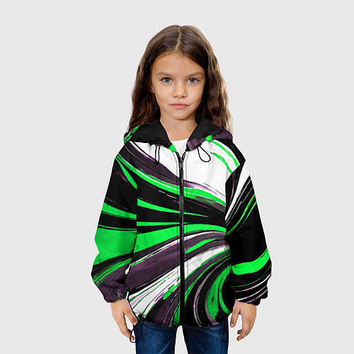 Детская куртка Волнистые чёрно-зелёные линии на белом фоне / 3D-Черный – фото 3