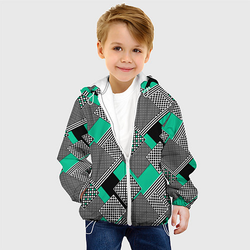 Детская куртка Черно бирюзовая абстрактная геометрия пэчворк / 3D-Белый – фото 4