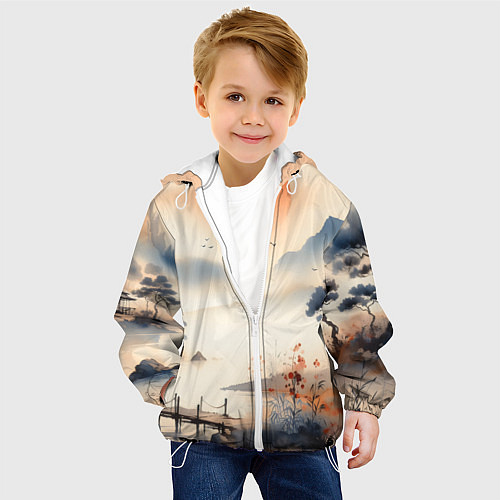 Детская куртка Таинственный Японский пейзаж - акварель / 3D-Белый – фото 4