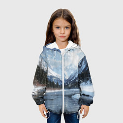 Куртка с капюшоном детская Снежный горный пейзаж с елями и рекой, цвет: 3D-белый — фото 2