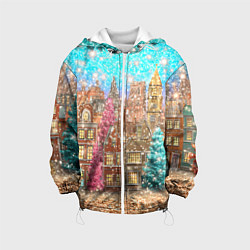 Куртка с капюшоном детская Новогодний город в блестках, цвет: 3D-белый