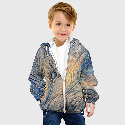 Детская куртка Синие перья с самоцветами / 3D-Белый – фото 4