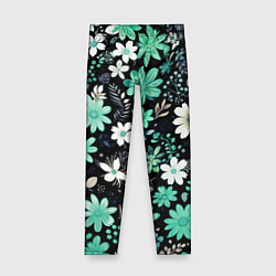 Детские легинсы Чёрный в зелёный цветочек стилизованный