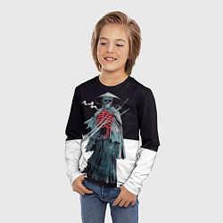 Лонгслив детский Скелет Самурай с трубкой на черно белом фоне, цвет: 3D-принт — фото 2
