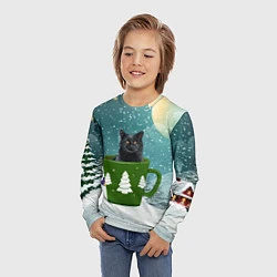 Лонгслив детский Черный кот в кружке, цвет: 3D-принт — фото 2