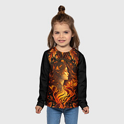Лонгслив детский Девушка в стиле ар-нуво с огнем и осенними листьям, цвет: 3D-принт — фото 2
