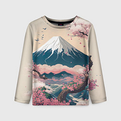 Лонгслив детский Японский пейзаж: цветение сакуры у горы Фудзияма, цвет: 3D-принт
