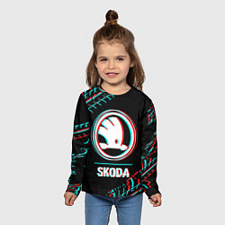 Лонгслив детский Значок Skoda в стиле glitch на темном фоне, цвет: 3D-принт — фото 2